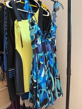 Blue Abstract Print Ruffle Strap Dress
